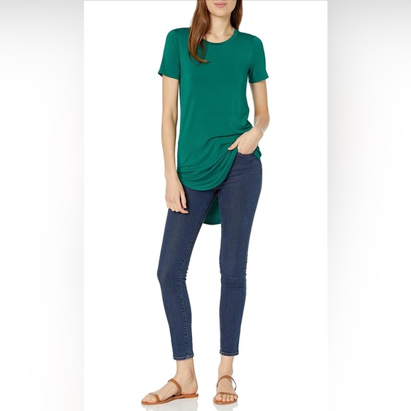 Women's Jersey Standard-Fit Short-Sleeve Crewneck Tunic Dark Emerald Green Small - Picture 1 of 6